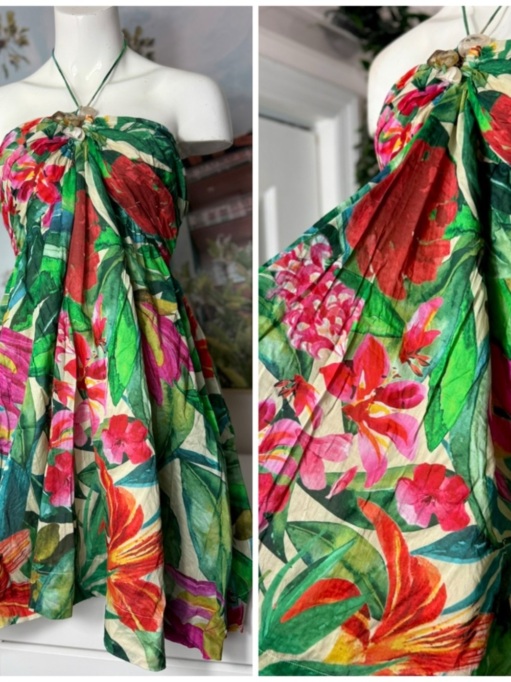 Primark Tropical Floral Halter Dress Green Red Print Summer Beach Cotton Size 12